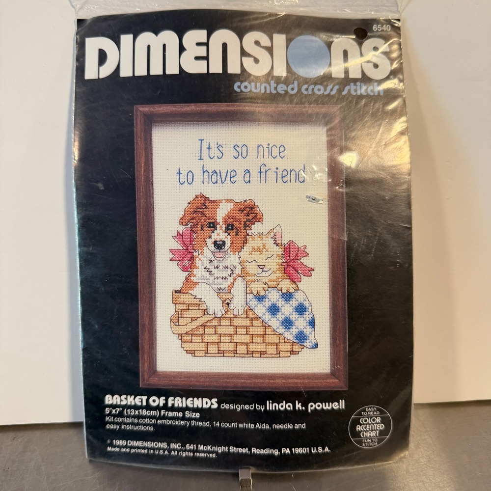 Dimensions Counted Cross Stitch Kit Basket of Friends Cat Puppy 6540 Vintage New